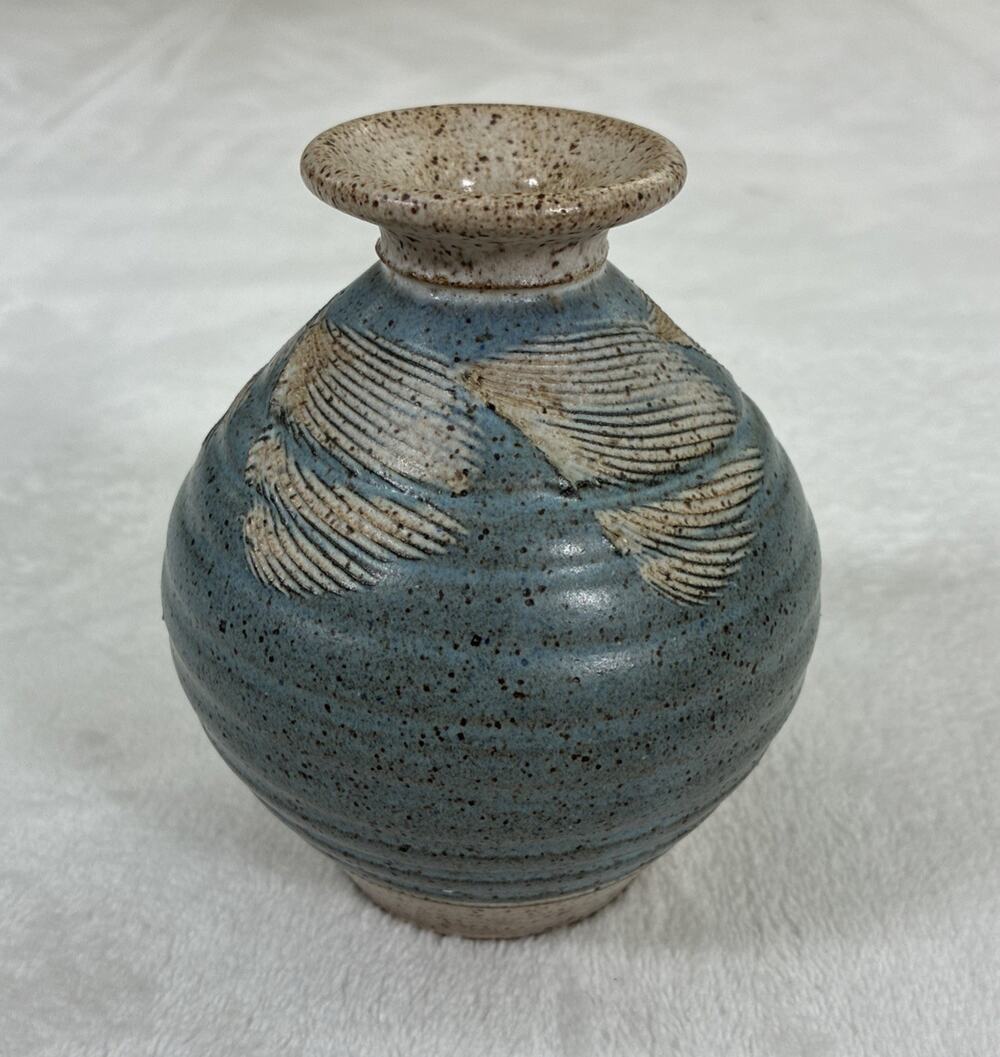 Vintage Studio Pottery Vase Speckled Glaze 5” Blue & Beige Benefits Charity